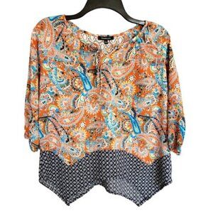 Takara Girls L Blouse Y2K Orange Paisley Print Boho Lace Detail Festive Vintage